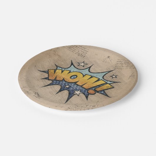 WOW! Vintages Comic Buch Steampunk Pop Kunst Pappteller (Schrägansicht)