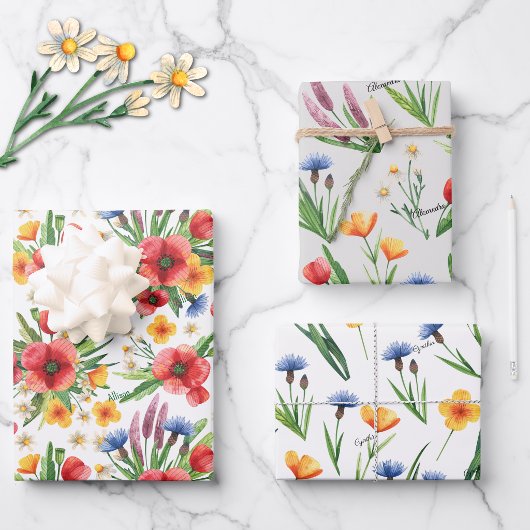 WP | Namen, 3 farbige 19x29 Blumenbezeichnungen Geschenkpapier Set