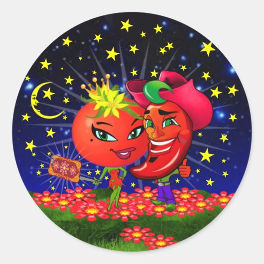 WQ STICKERS: Saucy Tomato & Scott Hot Pepper Runder Aufkleber (Vorderseite)