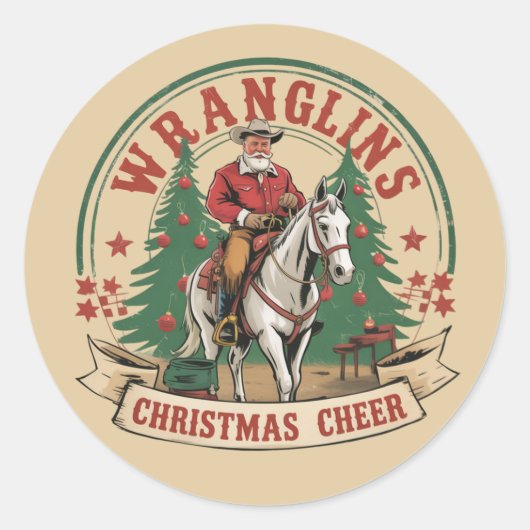 Wrangling Christmas Cheer Cowboy Santa Horse Ride Runder Aufkleber (Vorderseite)