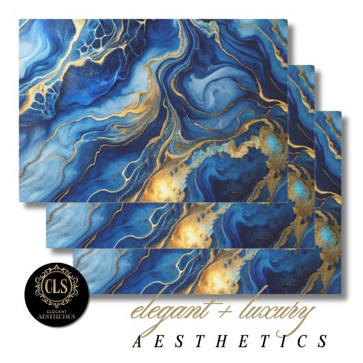 Wrapping Paper - Blue & Gold Marbled Geschenkpapier Set