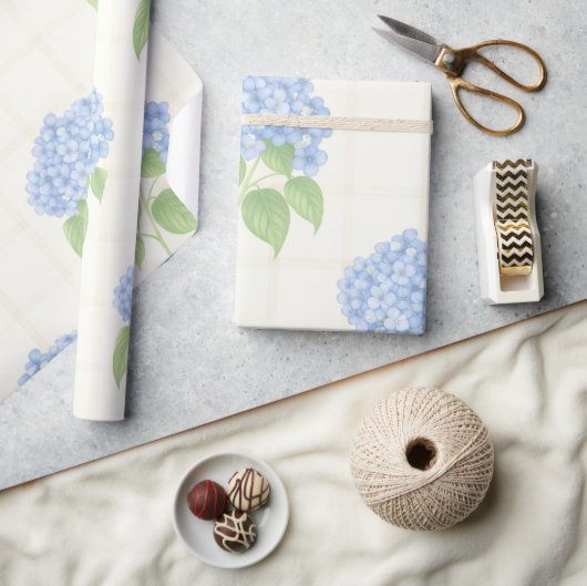 Wrapping Paper | Blue Hydrangea | Luxe Ivory Plaid Geschenkpapier (Handwerk)
