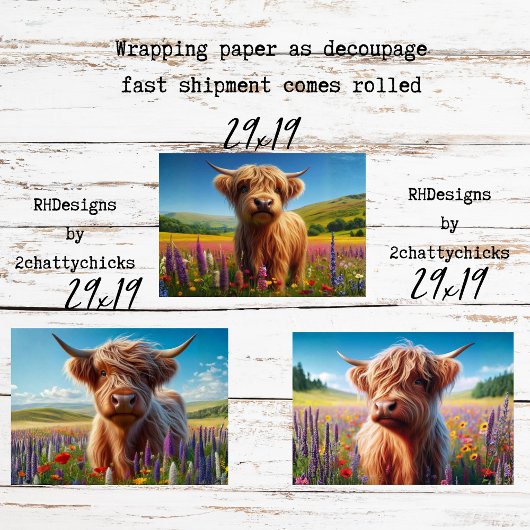 Wrapping Paper Decoupage 3 Highland Cow Designs  Geschenkpapier Set