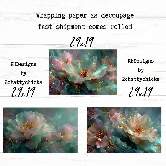 Wrapping Paper for Decoupage Teal Gold Florals  Geschenkpapier Set