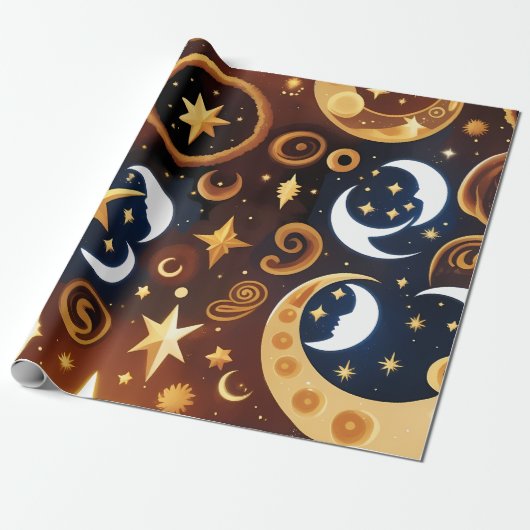 Wrapping Paper -Golden Ochre Celestial Moon Patten Geschenkpapier (Ungerollt)