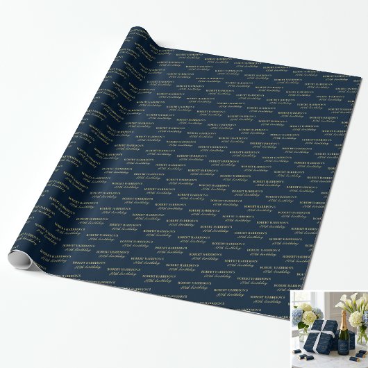 Wrapping Paper Name Age Navy & Gold 80th Birthday Geschenkpapier
