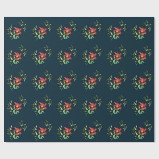 Wrapping Paper Pattern Orange Lily Leafy Green Geschenkpapier (Flach)