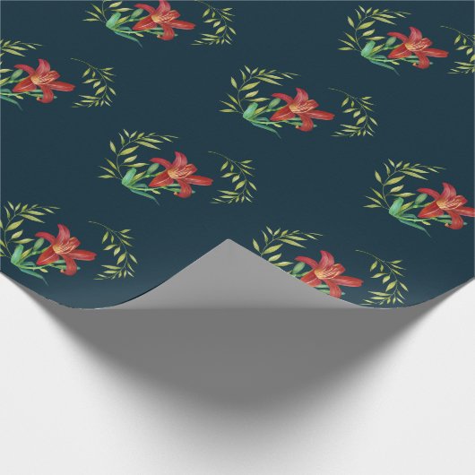 Wrapping Paper Pattern Orange Lily Leafy Green Geschenkpapier (Ecke)