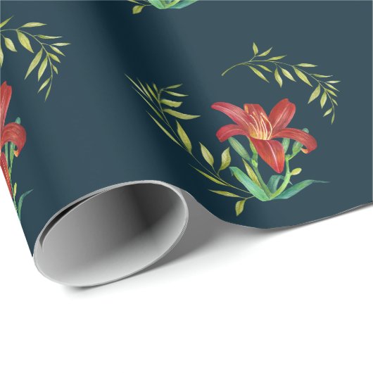 Wrapping Paper Pattern Orange Lily Leafy Green Geschenkpapier (Rolleneckpunkt)