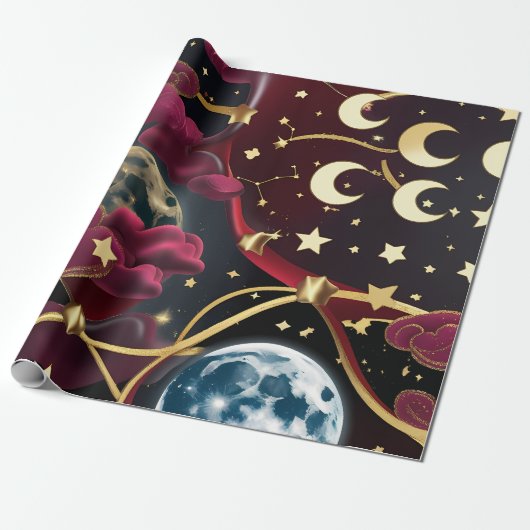 Wrapping Paper - Red Celestial Moon Design Geschenkpapier (Ungerollt)