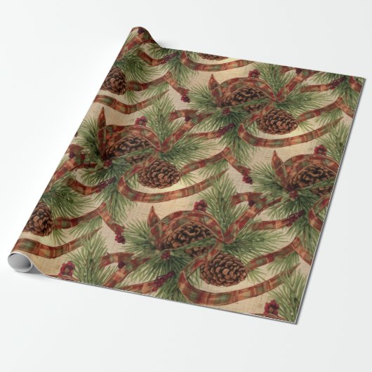 Wrapping Paper Rustic Pinecone Holiday Ribbon Geschenkpapier (Ungerollt)