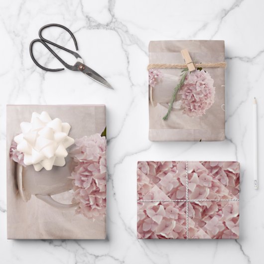 Wrapping Sht. Qty 3 einfache Hydrangeas in Rosa Geschenkpapier Set (Vorderseite)