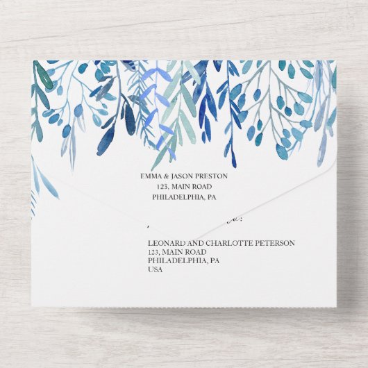 Wreath Blue Blätter Hochzeit in einer Einladung (Rückseite)