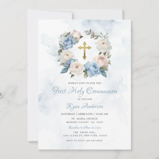 Wreath Blue Pink Erste Heilige Kommune Einladung (Vorderseite)