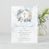 Wreath Blue Pink Erste Heilige Kommune Einladung (Stehend Vorderseite)