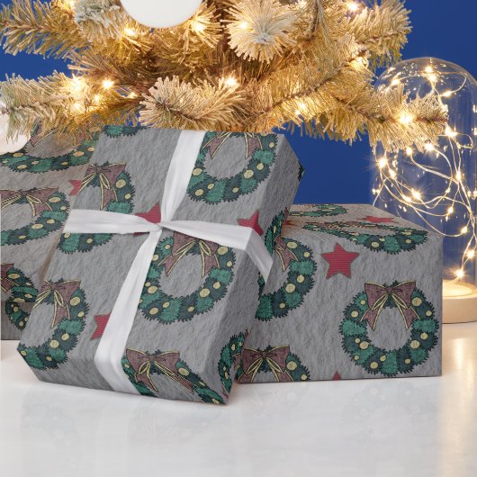 Wreath Bow mit Red Christmas Stars Steel Grau Geschenkpapier (Feiertage)