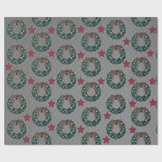 Wreath Bow mit Red Christmas Stars Steel Grau Geschenkpapier (Flach)