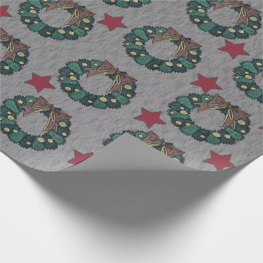 Wreath Bow mit Red Christmas Stars Steel Grau Geschenkpapier (Ecke)