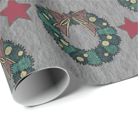 Wreath Bow mit Red Christmas Stars Steel Grau Geschenkpapier (Rolleneckpunkt)