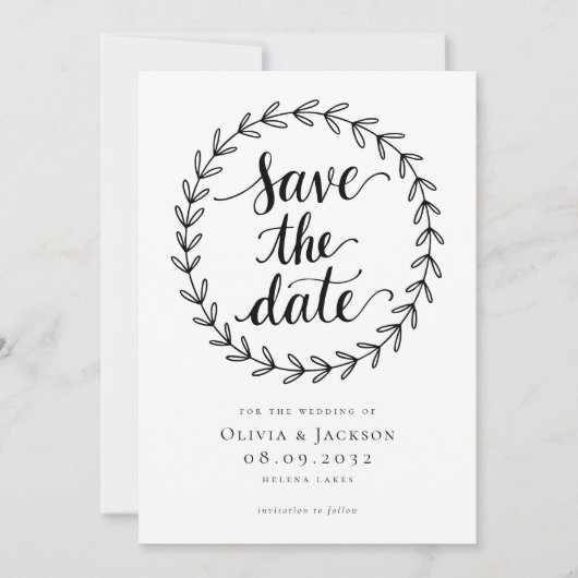 Wreath Calligraphy Foto Wedding Save The Date (Vorderseite)