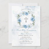 Wreath Dusty Blue First Holy Communion Einladung (Vorderseite)