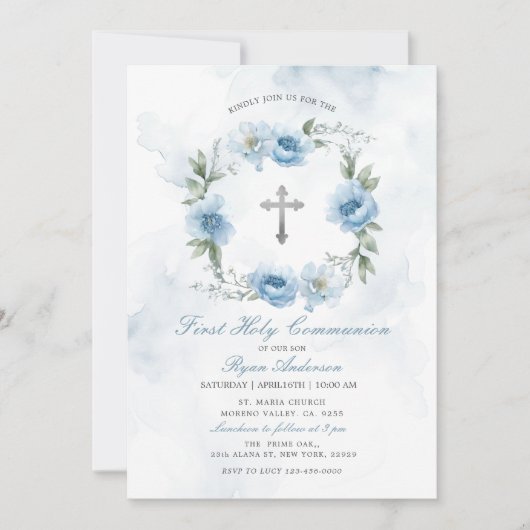 Wreath Dusty Blue First Holy Communion Einladung (Vorderseite)