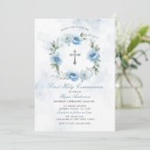 Wreath Dusty Blue First Holy Communion Einladung (Stehend Vorderseite)