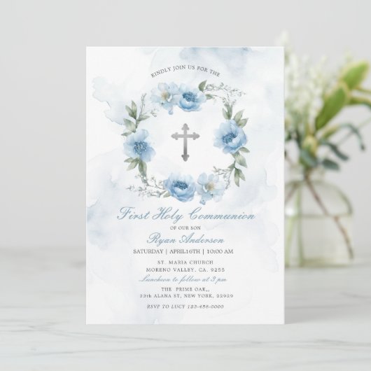 Wreath Dusty Blue First Holy Communion Einladung (Stehend Vorderseite)