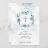Wreath Dusty Blue First Holy Communion Einladung (Vorne/Hinten)