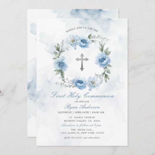 Wreath Dusty Blue First Holy Communion Einladung (Vorne/Hinten)
