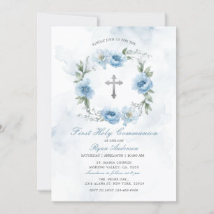 Wreath Dusty Blue First Holy Communion Einladung