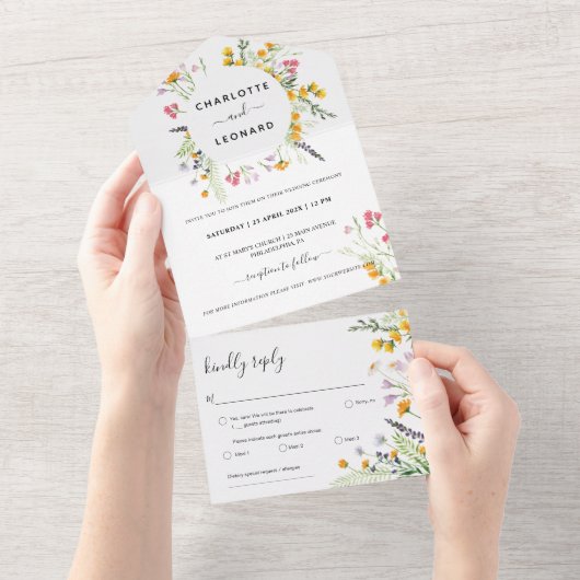 Wreath Floral Watercolor Hochzeit All In One Einladung (Abreißen)