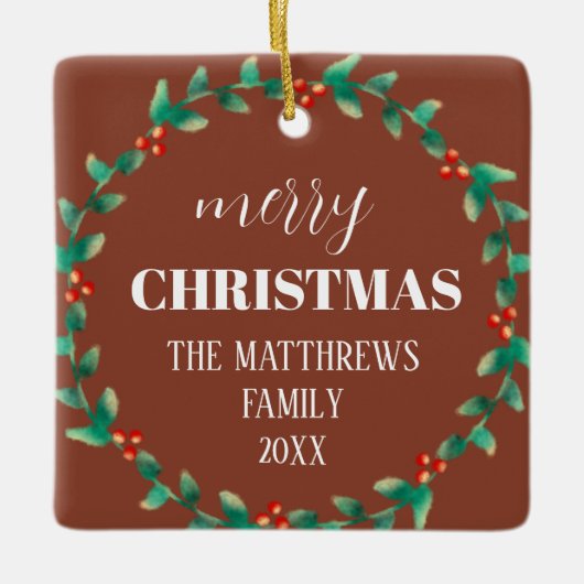Wreath Frohe Weihnachts-Foto Name Terracotta Keramikornament (Vorderseite)