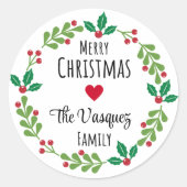 Wreath Frohe Weihnachtskleber Nachname Runde Runder Aufkleber (Vorderseite)