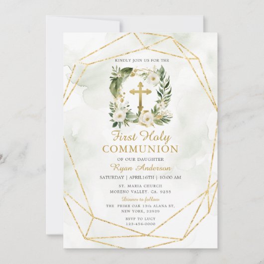 Wreath Greenery White Roses Erste Heilige Kommune Einladung (Vorderseite)
