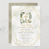 Wreath Greenery White Roses Erste Heilige Kommune Einladung (Vorne/Hinten)