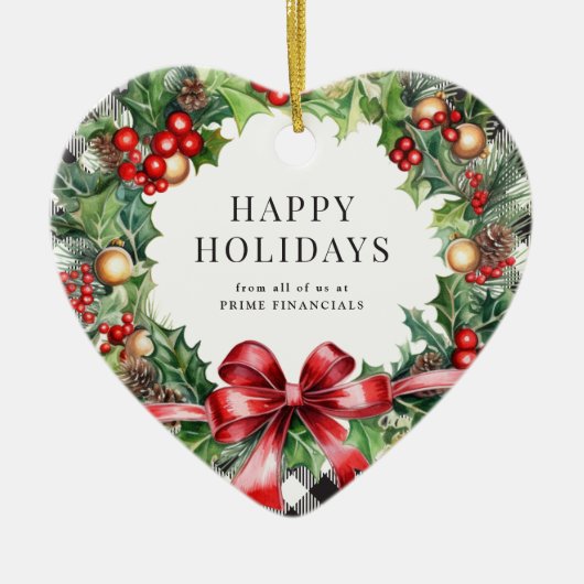 Wreath Holly Berries Black Kariert Business Keramik Ornament (Vorne)