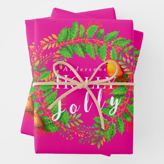 Wreath Holly Jolly Family Hot Pink Geschenkpapier Set (Beispiel)
