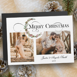 Wreath & Merry Christmas Typografie Multi-Foto Magnetkarte