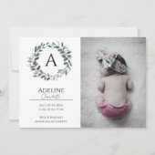 Wreath Monogram Baby Birth Announcement Card Ankündigung (Vorderseite)