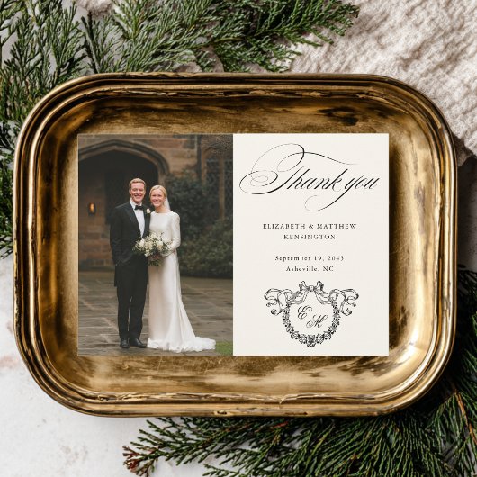 Wreath Monogram Elegant Calligraphy Wedding Dankeskarte