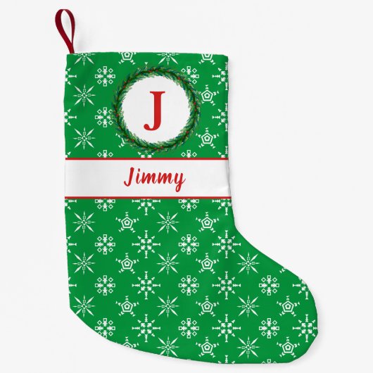 Wreath Monogram, Ihr Name Grün & Weiße Schneeflock Kleiner Weihnachtsstrumpf (Vorderseite)
