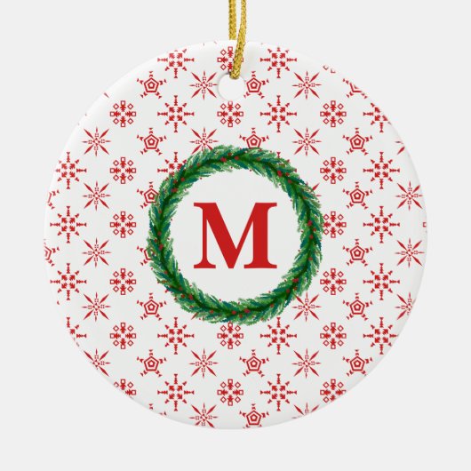 Wreath Monogram, Ihr Name Rote Schneeflocken weiß Keramik Ornament (Vorne)