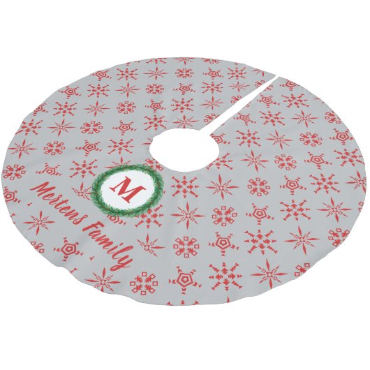 Wreath Monogram, Ihr Name Silver & Red Snowflakes Polyester Weihnachtsbaumdecke (Schrägansicht)