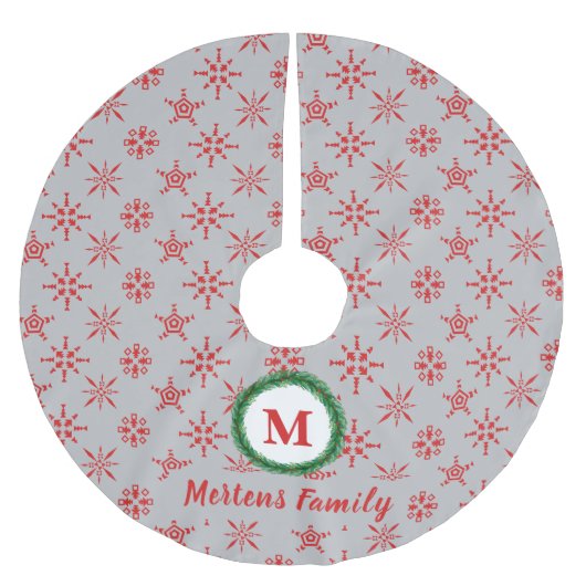 Wreath Monogram, Ihr Name Silver & Red Snowflakes Polyester Weihnachtsbaumdecke (Vorderseite)