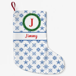 Wreath Monogram, Ihr Name Weiß & Blau Schneeflocke Kleiner Weihnachtsstrumpf