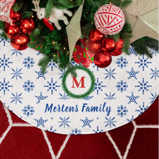 Wreath Monogram, Ihr Name Weiß & Blau Schneeflocke Polyester Weihnachtsbaumdecke