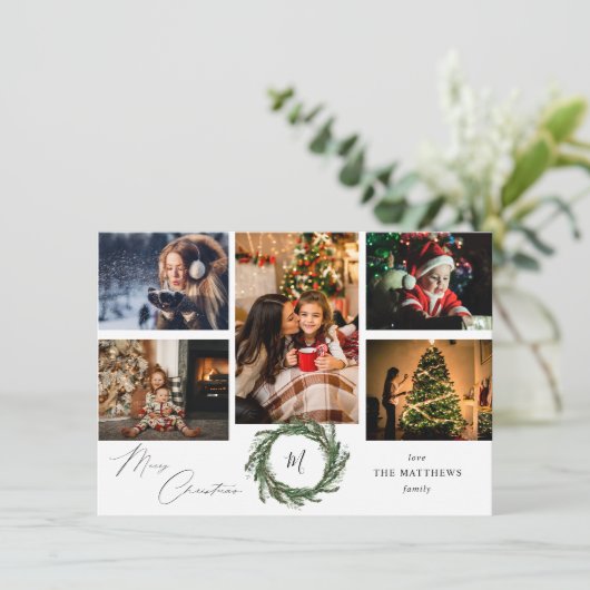 Wreath Monogram Rustic 5 Foto Frohe Weihnachten (Stehend Vorderseite)