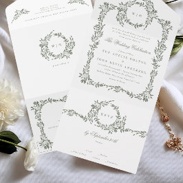 Wreath Monogram Sage Green Elegant Frame Wedding All In One Einladung