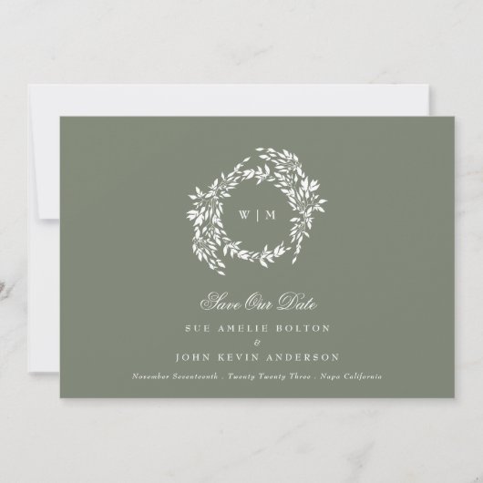 Wreath Monogram Sage Green Elegant Wedding Foto Save The Date (Vorderseite)